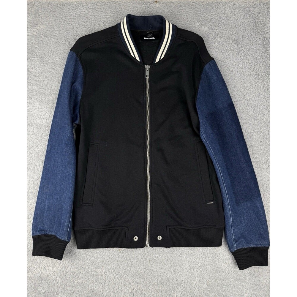 Diesel S-Brother Bomber Jacket Mens M Black Blue Denim Sleeve Zip Varsity